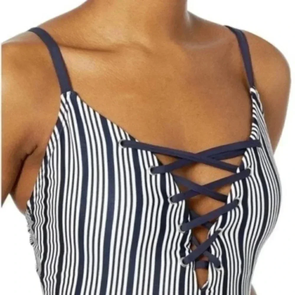 Nautica Dock Lines Lace Up One Piece Swimsuit Small